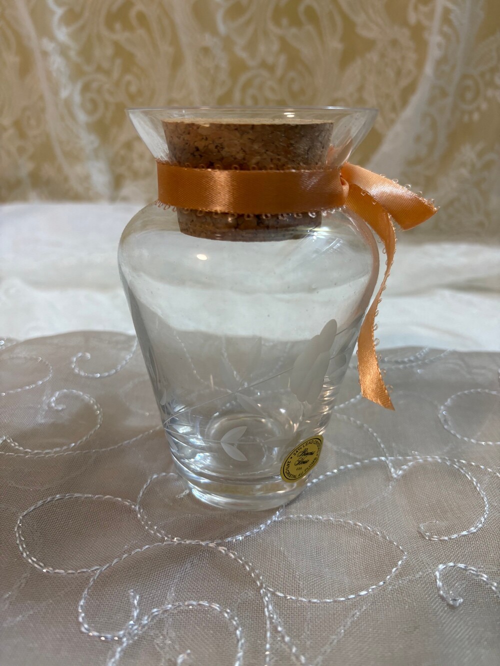 Princess House 24% Lead Crystal Glass Bottle Cork Stopper Etched Floral Leaf Pot